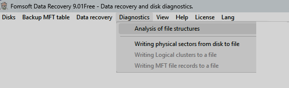 Main menu item Diagnostics of disk and logical structures of file systems.