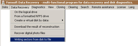 Menu - Write sectors from disk to file.
