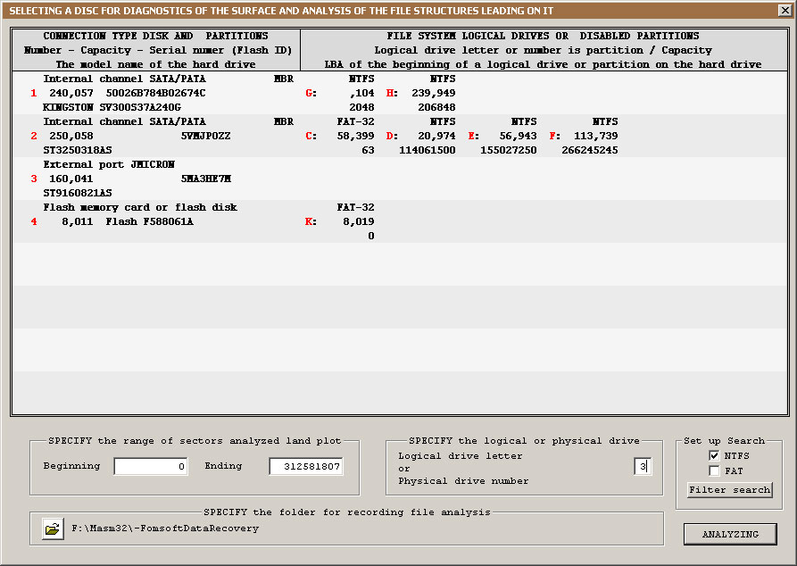 Okno výběru disku pro analýzu struktur souborů.