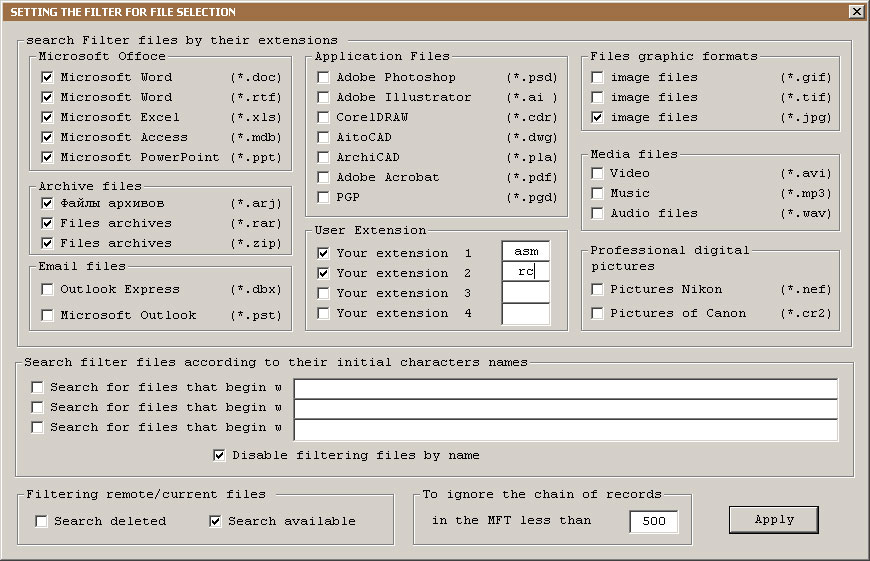 Nastavení vyhledávacího filtru.