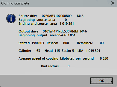 A message about the completion of cloning of a specified section of disk