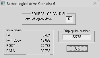 Viewing the sector of the logical disk K:.