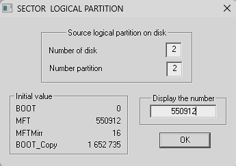 Viewing the logical sector of the hidden partition 2 on disk 2.