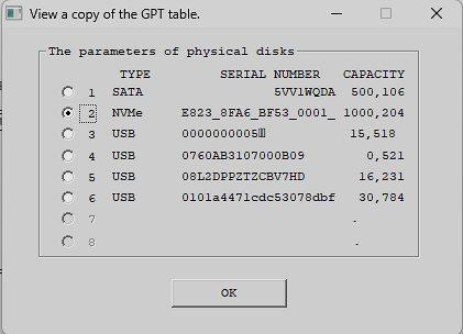 Viewing a copy of the GPT table, the selected disk.