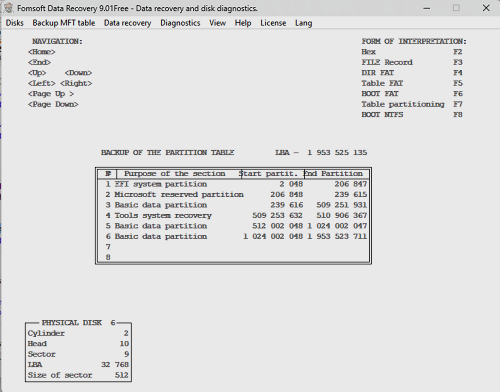 Displaying the contents of the GPT disk layout table.