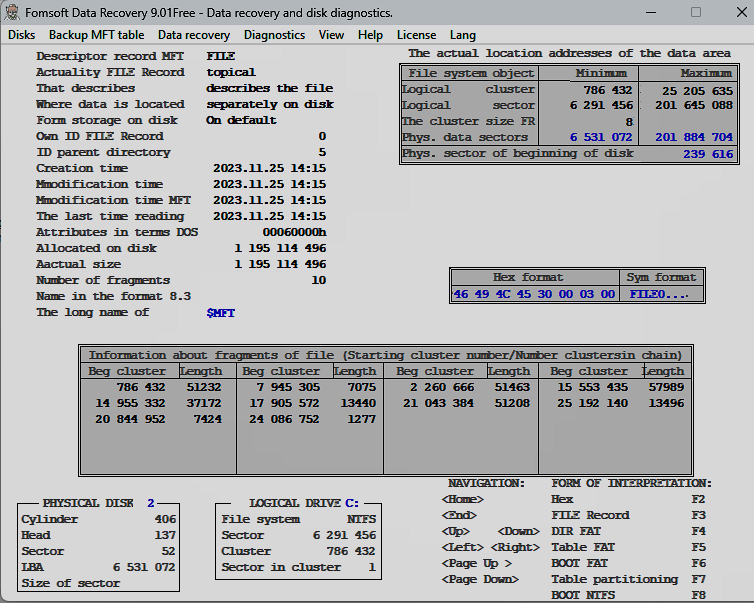 Viewing a FILE Record describing a non-resident file.