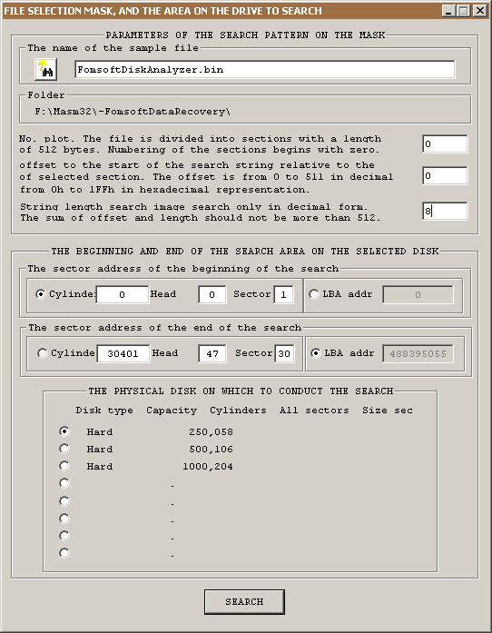 Search for data on the disk according to the context taken from the file.